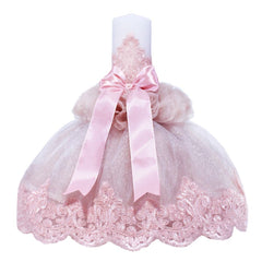 Lumanare cu funda roz pentru botez si tulle roz pudrat, stralucitor, cu broderie roz, 45x7 cm, REC205