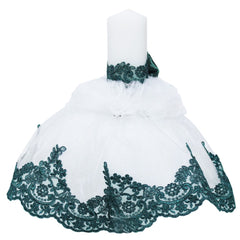 Lumanare cu funda verde pentru botez si tulle alb si dantela verde, stralucitor, 45x7 cm, REC1447