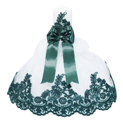 Lumanare cu funda verde pentru botez si tulle alb si dantela verde, stralucitor, 45x7 cm, REC1447