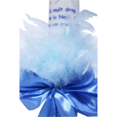 Lumanare �Cu mult drag de la Nasi� pentru botez din panglica albastra, accesorizata cu aplicatii din pene, 30x5 cm, REC197