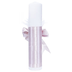 Lumanare �Cu mult drag de la Nasi� pentru botez din panglica bej, accesorizata cu aplicatii din pene, 30x5 cm, REC196
