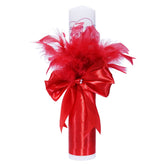 Lumanare �Cu mult drag de la Nasi� pentru botez din panglica rosie, accesorizata cu aplicatii din pene, 30x5cm, REC192