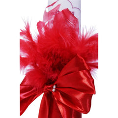 Lumanare �Cu mult drag de la Nasi� pentru botez din panglica rosie, accesorizata cu aplicatii din pene, 30x5cm, REC192
