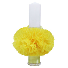 Lumanare galbena pentru botez, cu bebe printesa imprimata, tulle galben si perle, 35x7 cm, REC80