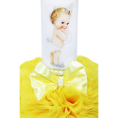Lumanare galbena pentru botez, cu bebe printesa imprimata, tulle galben si perle, 35x7 cm, REC80