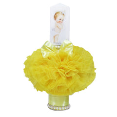 Lumanare galbena pentru botez, cu bebe printesa imprimata, tulle galben si perle, 35x7 cm, REC80