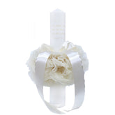 Lumanare ivoire cu mesaj �Cu mult drag de la nasi� pentru botez, cu tulle ivoire si funda, 30x5 cm, REC124