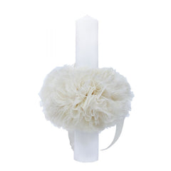 Lumanare ivoire cu mesaj �Cu mult drag de la nasi� pentru botez, cu tulle ivoire si funda, 30x5 cm, REC124