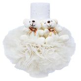 Lumanare ivoire cu ursuleti pentru botez, tulle ivoire si broderie, 20x7 cm, REC164