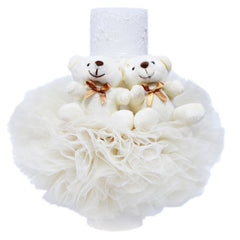 Lumanare ivoire cu ursuleti pentru botez, tulle ivoire si broderie, 20x7 cm, REC164