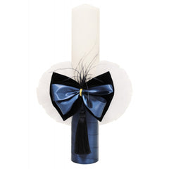 Lumanare pentru botez alba cu papion bleumarin, 40x6 cm, REC1326