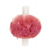 Lumanare pentru botez, "Cu drag de la nasi", roz pudrat cu perlute si dantela, 30x5 cm, REC1328