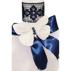 Lumanare pentru botez, cu fluturi, tulle alb si dantela bleumarin, 40x6 cm, REC1258