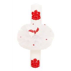 Lumanare pentru botez, cu fluturi, tulle alb si dantela rosie, 40x6 cm, REC1314