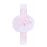 Lumanare pentru botez, cu fluturi, tulle alb si dantela roz, 40x6 cm, REC1257