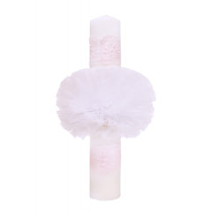 Lumanare pentru botez, cu fluturi, tulle alb si dantela roz, 40x6 cm, REC1257