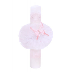 Lumanare pentru botez, cu fluturi, tulle alb si dantela roz, 40x6 cm, REC1257