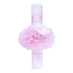 Lumanare pentru botez, cu fluturi, tulle roz si dantela, 40x6 cm, REC1255