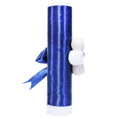 Lumanare pentru botez din panglica bleumarin, accesorizata cu aplicatii din ghem de ata, 40x7 cm, REC187