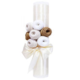 Lumanare pentru botez din panglica ivoire, accesorizata cu aplicatii din ghem de ata, 40x7 cm, REC189