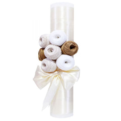 Lumanare pentru botez din panglica ivoire, accesorizata cu aplicatii din ghem de ata, 40x7 cm, REC189