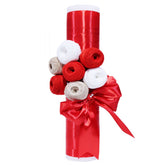 Lumanare pentru botez din panglica rosie, accesorizata cu aplicatii din ghem de ata, 40x7 cm, REC191