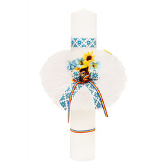 Lumanare pentru botez traditionala cu flori artificiale, alb-albastru, 40x6 cm, REC1315