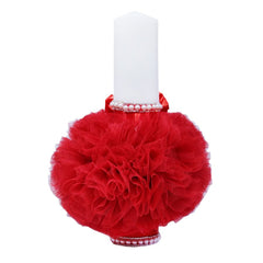 Lumanare rosie pentru botez, cu bebe printesa imprimata, tulle rosu si perle, 35x7 cm, REC79