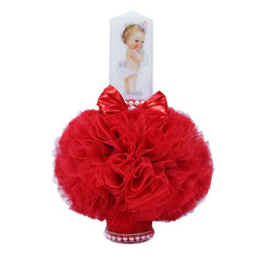 Lumanare rosie pentru botez, cu bebe printesa imprimata, tulle rosu si perle, 35x7 cm, REC79