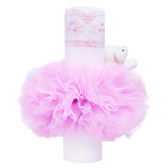 Lumanare roz cu ursuleti pentru botez, tulle roz si broderie, 20x7 cm, REC163