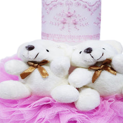 Lumanare roz cu ursuleti pentru botez, tulle roz si broderie, 20x7 cm, REC163