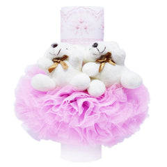 Lumanare roz cu ursuleti pentru botez, tulle roz si broderie, 20x7 cm, REC163