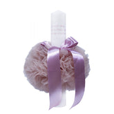 Lumanare roz pudrat cu mesaj �Cu mult drag de la nasi� pentru botez, cu tulle roz pudrat si funda, 30x5 cm, REC123