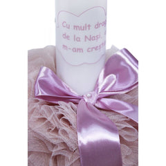 Lumanare roz pudrat cu mesaj �Cu mult drag de la nasi� pentru botez, cu tulle roz pudrat si funda, 30x5 cm, REC123