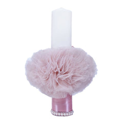 Lumanare roz pudrat deschis pentru botez, cu bebe printesa imprimata, tulle roz pudrat si perle, 35x7 cm, REC81