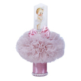 Lumanare roz pudrat deschis pentru botez, cu bebe printesa imprimata, tulle roz pudrat si perle, 35x7 cm, REC81