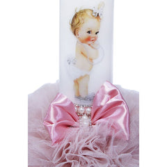 Lumanare roz pudrat deschis pentru botez, cu bebe printesa imprimata, tulle roz pudrat si perle, 35x7 cm, REC81