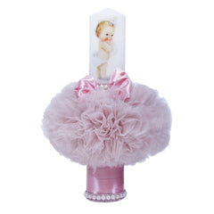 Lumanare roz pudrat deschis pentru botez, cu bebe printesa imprimata, tulle roz pudrat si perle, 35x7 cm, REC81