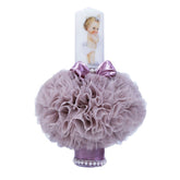 Lumanare roz pudrat inchis pentru botez, cu bebe printesa imprimata, tulle roz pudrat si perle 35x7 cm, REC76