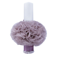 Lumanare roz pudrat inchis pentru botez, cu bebe printesa imprimata, tulle roz pudrat si perle 35x7 cm, REC76