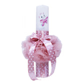 Lumanare roz pudrat pentru botez, cu pisicuta aristocrata imprimata, tulle roz si funda cu buline, 40x7 cm, REC127