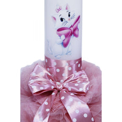 Lumanare roz pudrat pentru botez, cu pisicuta aristocrata imprimata, tulle roz si funda cu buline, 40x7 cm, REC127