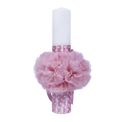 Lumanare roz pudrat pentru botez, cu pisicuta aristocrata imprimata, tulle roz si funda cu buline, 40x7 cm, REC127