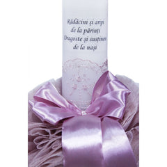Lumanare roz pudrat �Radacini si aripi� pentru botez, cu tulle roz pudrat si funda, 35x5 cm, REC111