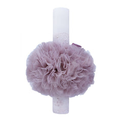 Lumanare roz pudrat �Radacini si aripi� pentru botez, cu tulle roz pudrat si funda, 35x5 cm, REC111