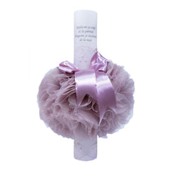 Lumanare roz pudrat �Radacini si aripi� pentru botez, cu tulle roz pudrat si funda, 35x5 cm, REC111
