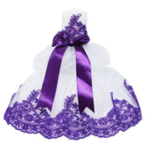 Lumanare tip fusta pentru botez din tulle alb stralucitor si dantela mov, 45x7 cm, REC1449