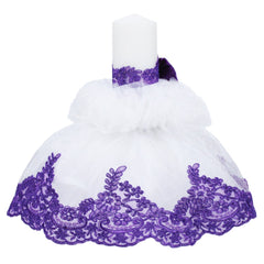 Lumanare tip fusta pentru botez din tulle alb stralucitor si dantela mov, 45x7 cm, REC1449