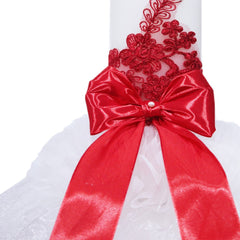 Lumanare tip fusta pentru botez din tulle alb stralucitor si dantela rosie, 45x7 cm, REC1450