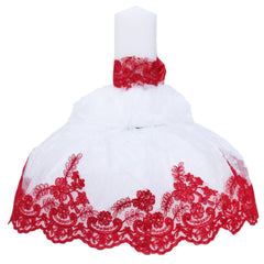 Lumanare tip fusta pentru botez din tulle alb stralucitor si dantela rosie, 45x7 cm, REC1450
